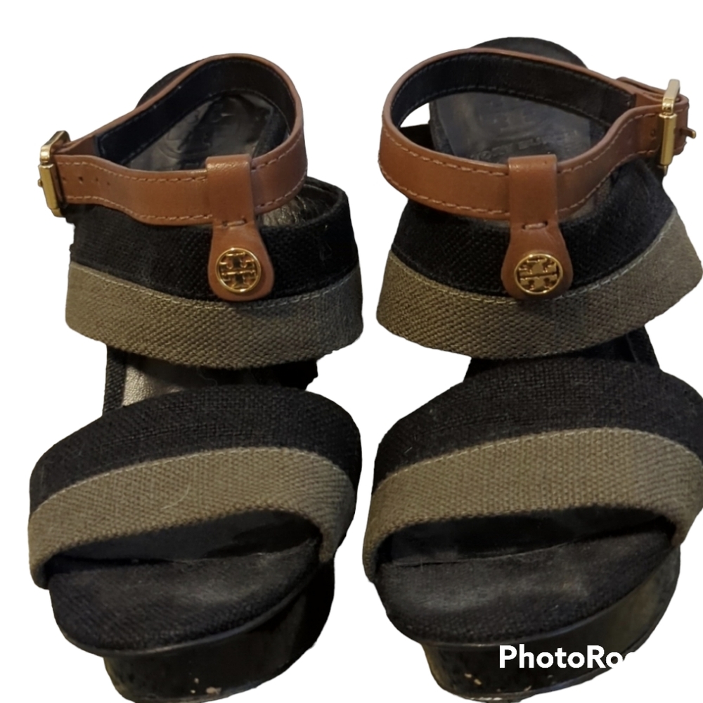 Tory Burch platform heels.  Olive and black with brown ankle strap. Size 9